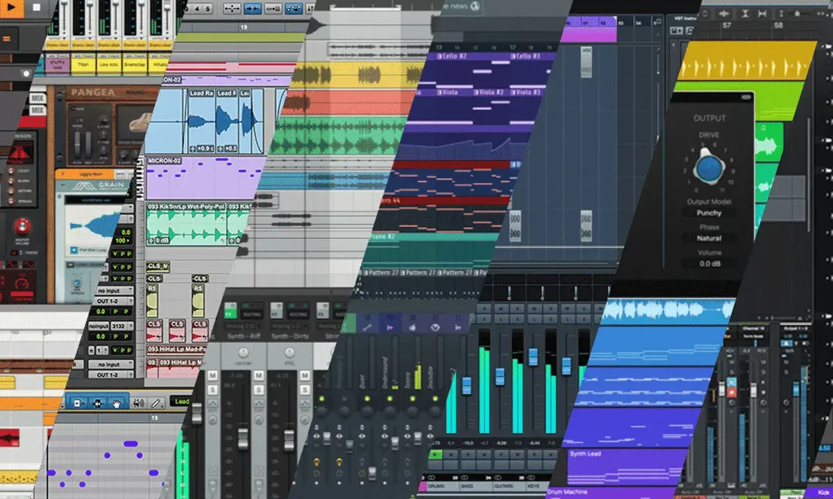Écrans de logiciels de production musicale, avec des pistes audio, des synthétiseurs et des contrôles de mixage, suggérant le processus de mastering.