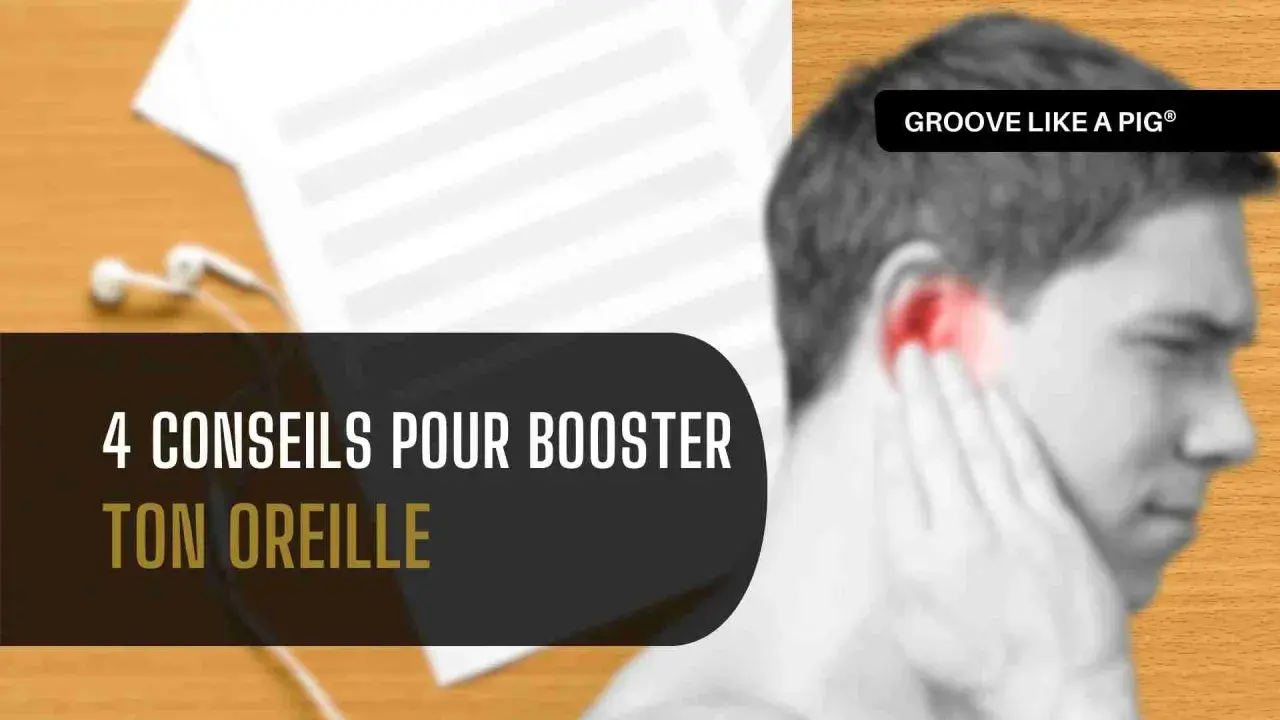 Un homme se tient l'oreille, avec des notes de musique et des écouteurs en arrière-plan. 4 conseils pour booster tes oreilles musicales.