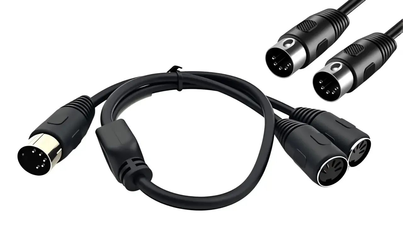 Câble noir avec un connecteur DIN 5 broches et deux connecteurs DIN 5 broches femelles pour une connexion MIDI.