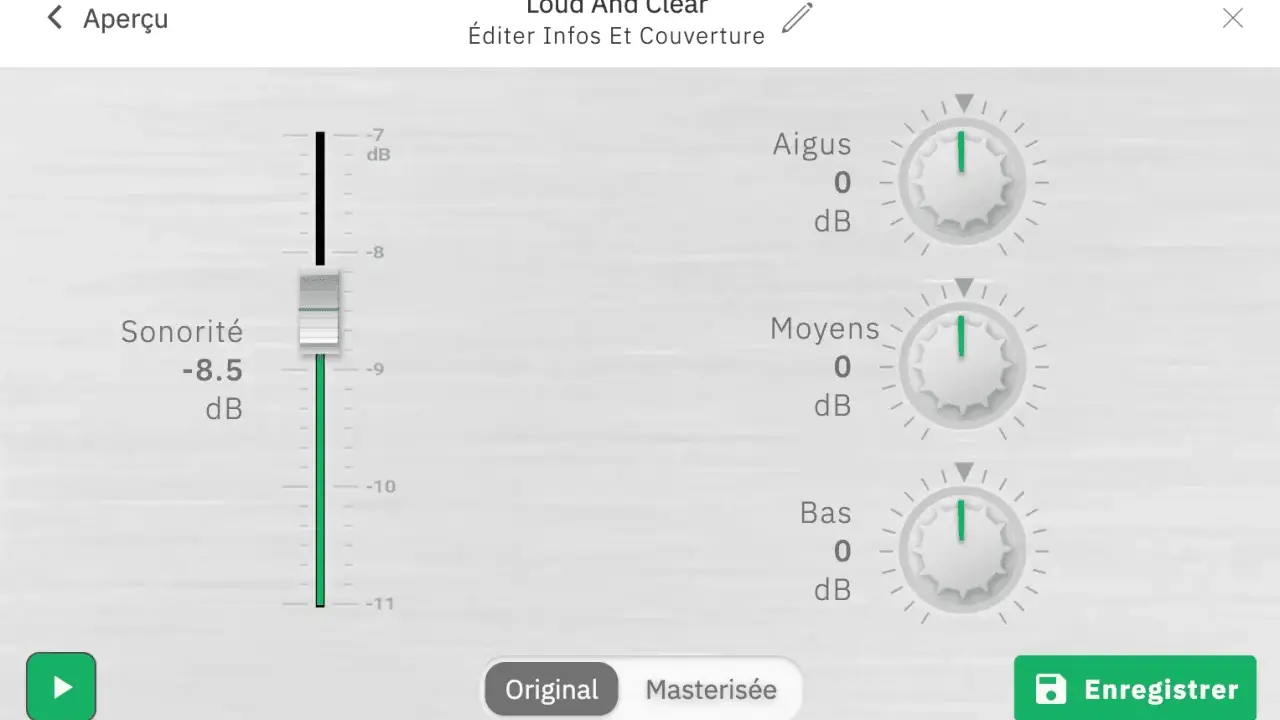 Égaliseur audio avec curseur de sonorité à -8.5 dB et réglages Aigus, Moyens, Bas à 0 dB. Option "Masterisée" activée, suggérant un traitement de dithering audio.