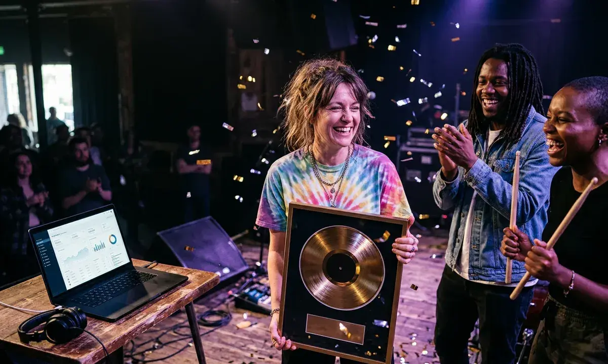 Une artiste souriante reçoit un disque d'or, entourée de musiciens applaudissant. Des confettis tombent, célébrant leur succès à créer un son unique.