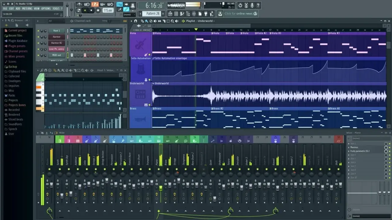 Interface d'un logiciel musique FL Studio, affichant une piste audio, des notes MIDI et des curseurs de mixage pour créer des sons.