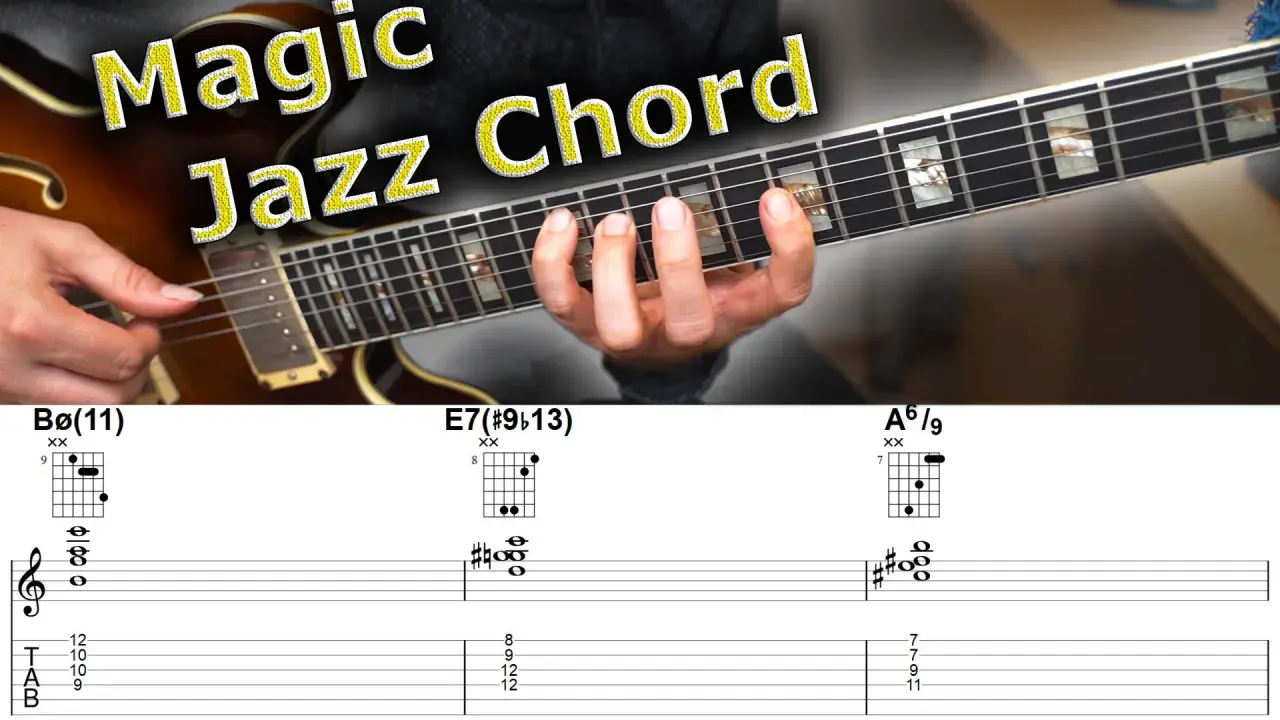 Main de guitariste jouant un accord magique jazz. Diagrammes d'accords et tablatures pour Bø(11), E7(#9b13), A6/9.