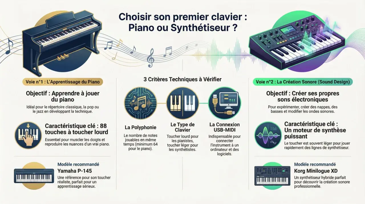 Comparaison entre piano et synthétiseur pour choisir son premier clavier. Idéal pour apprendre le piano ou créer des sons électroniques avec un logiciel piano midi.