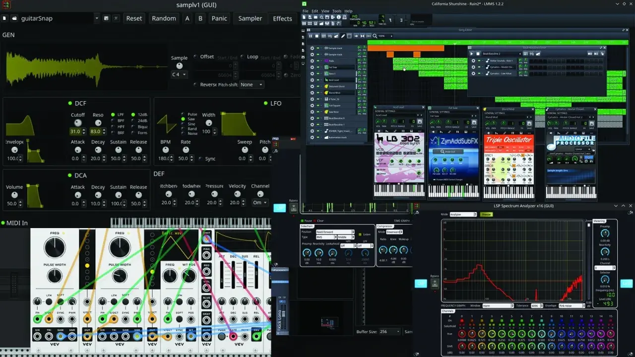 Interface de création musicale sous daw linux, avec pistes audio, synthétiseurs virtuels et analyseur de spectre.