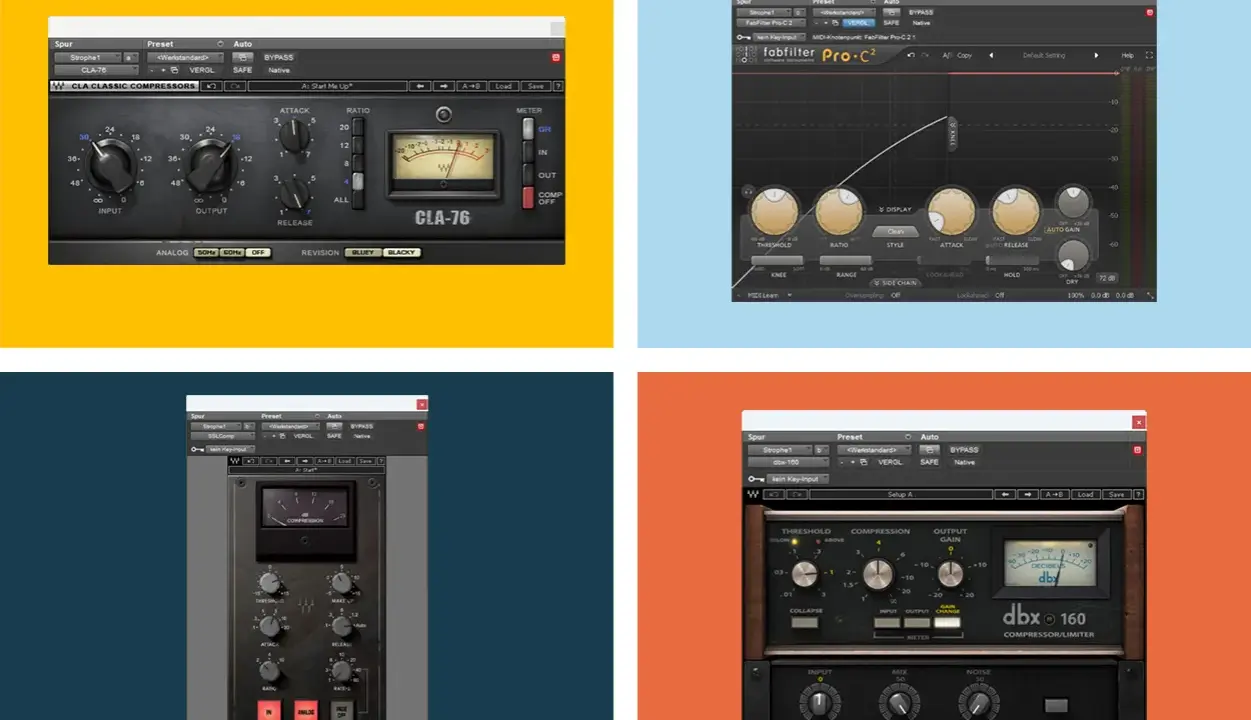 Maîtriser le compresseur : interfaces de plugins audio pour le mixage, incluant CLA-76, FabFilter Pro-C2, SSL Comp et dbx 160.