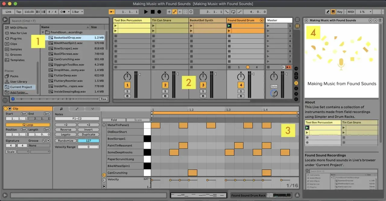 Dans Ableton Live, un **ableton sampler** est utilisé pour organiser et déclencher des sons. Ici, des bruits du quotidien sont transformés en musique.