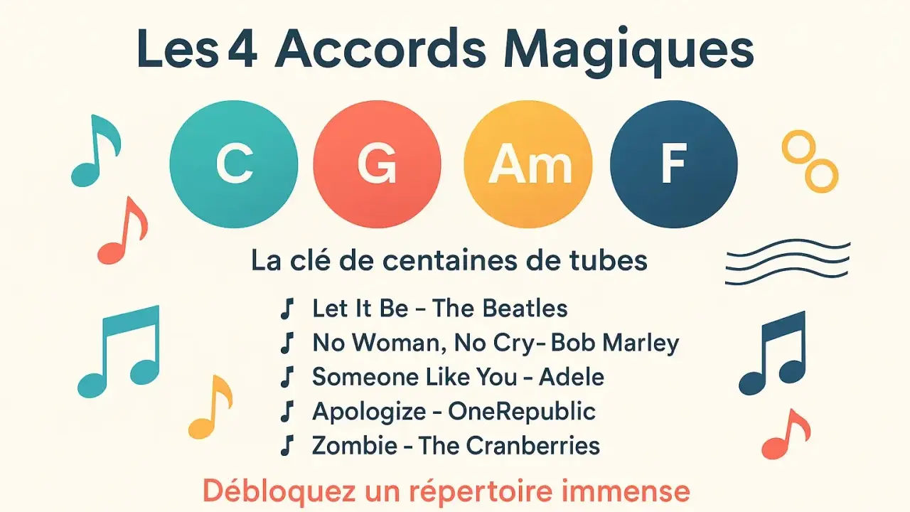 Les 4 accords magiques C, G, Am, F ouvrent la porte à des centaines de tubes. Un accord magique pour un piano qui chante !