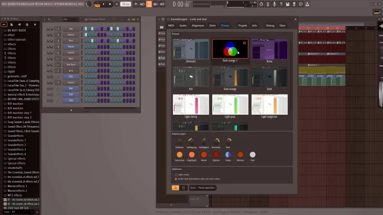 Interface de FL Studio montrant les options de thèmes, avec des aperçus de "Dark orange 2" et "Light tangerine" parmi d'autres.