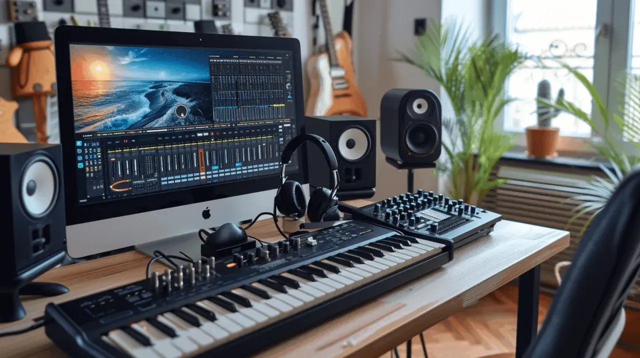 Bureau de musique avec écran affichant une table de mixage, clavier, casque et enceintes. Le port midi est prêt pour la création sonore.