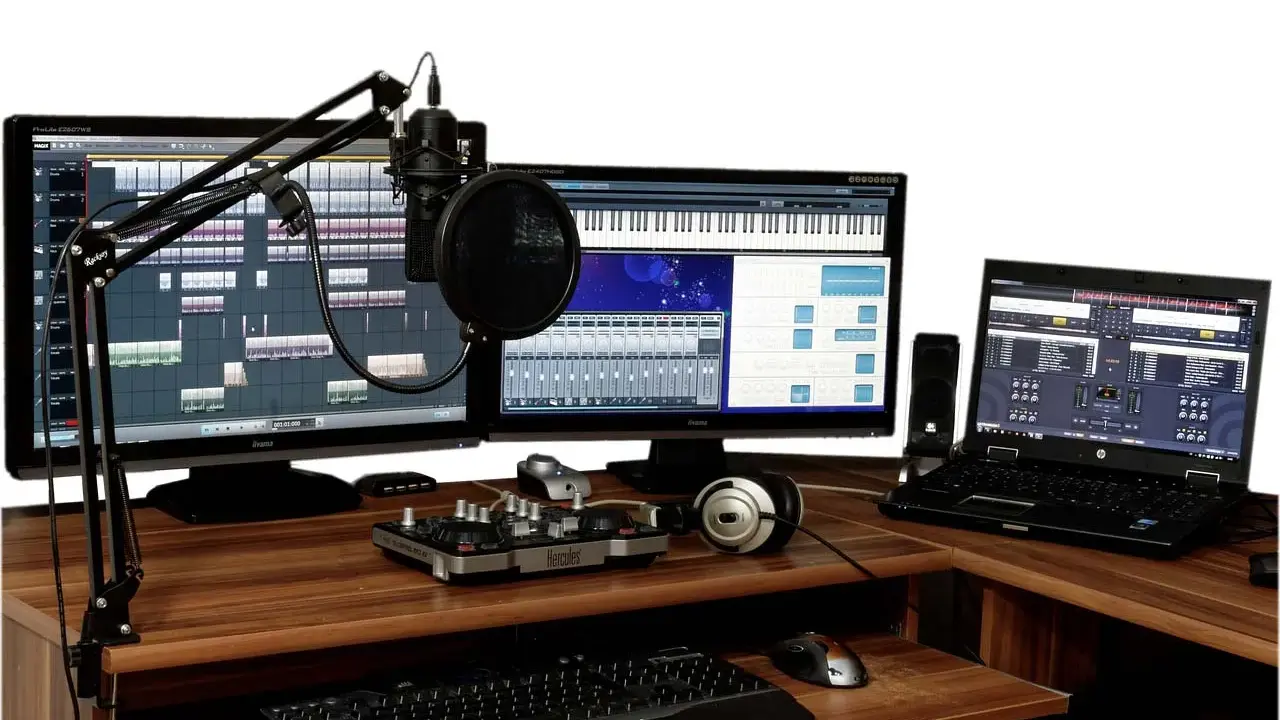 Postes de travail audio avec microphones, claviers, écrans affichant des logiciels de musique, et un ordinateur portable.