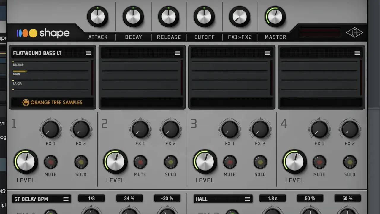 Interface du logiciel luna shape, avec des contrôles pour un instrument virtuel de basse.