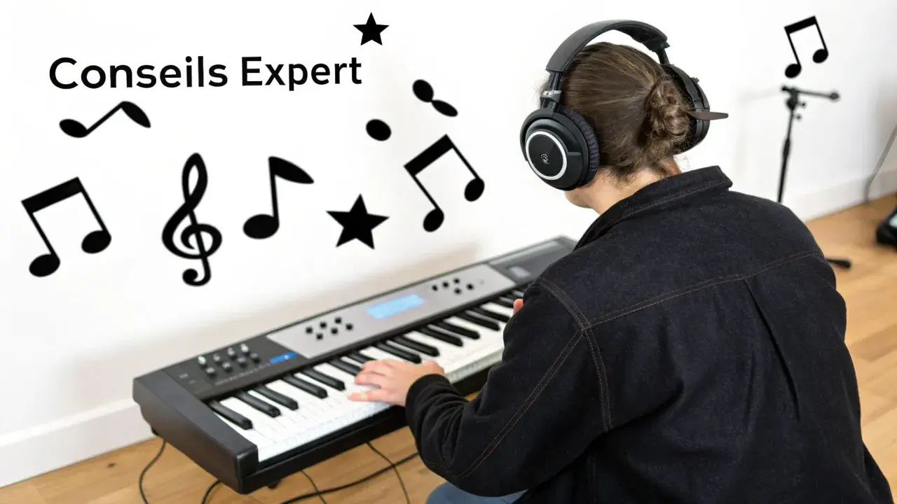 Personne avec casque jouant du clavier, entourée de notes de musique. Idéal pour un site pour faire des instru gratuit.