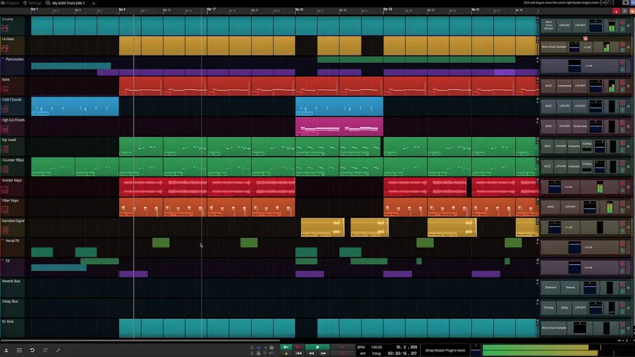 Tableau d'une station de travail audio numérique, montrant des pistes pour la **mao musique** : batterie, basse, synthés et effets.