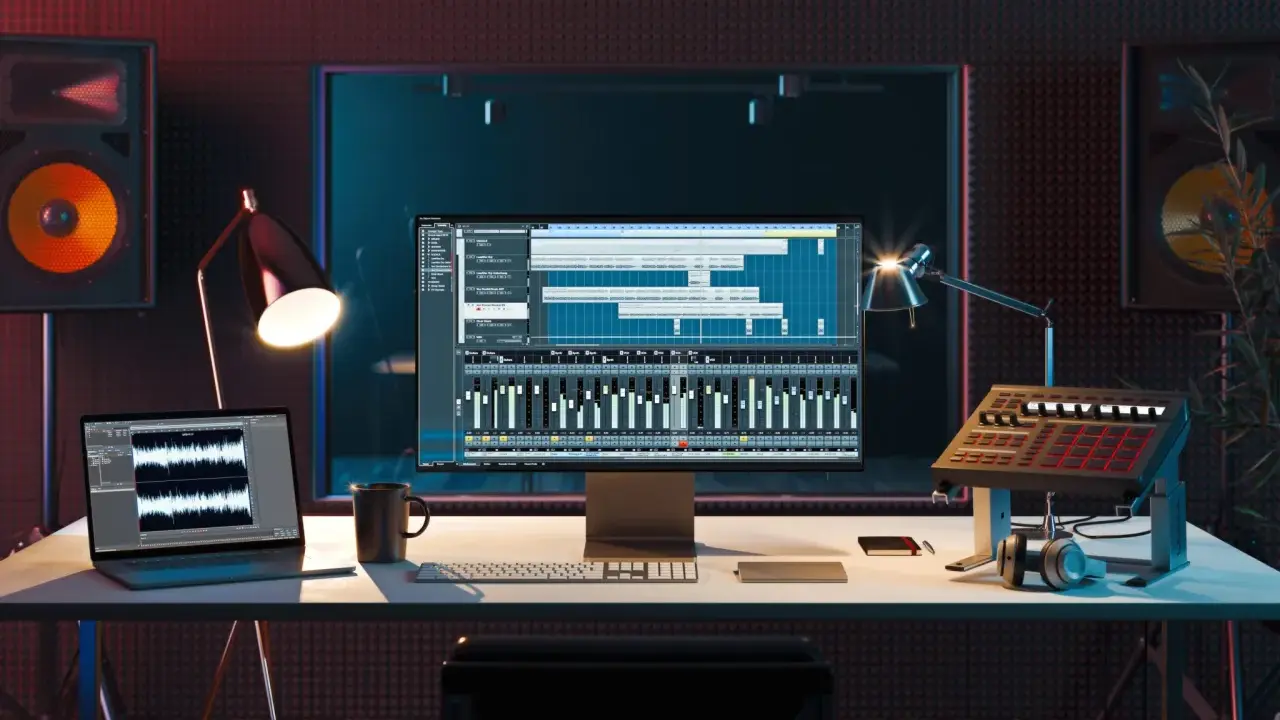 Studio d'enregistrement avec ordinateur affichant une station de travail audio numérique, un clavier, des enceintes et un pad de batterie, le tout constituant du matériel pour composer musique électronique.