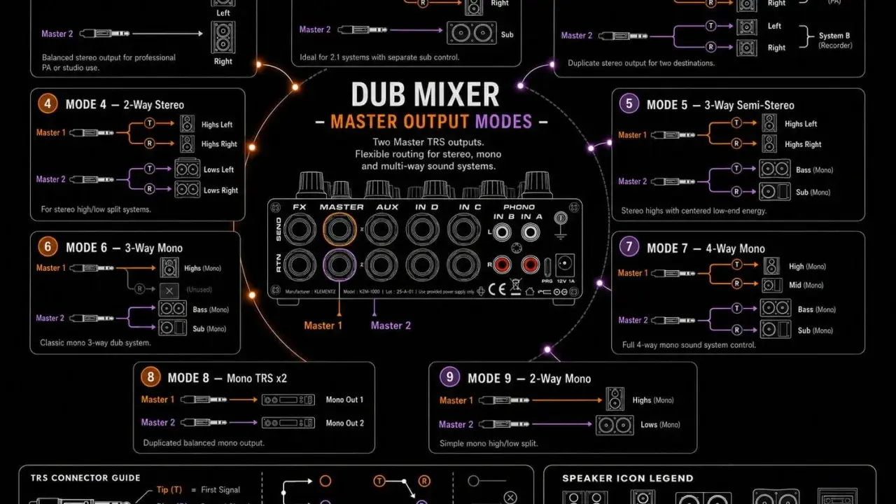 Schéma du Dub Mixer, montrant les 9 modes de sortie master pour une reamping box.