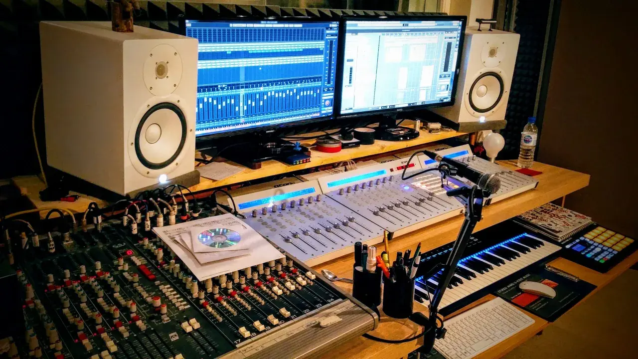 Studio d'enregistrement avec deux écrans affichant des pistes audio, des tables de mixage, des enceintes, un clavier MIDI et un microphone. Le fichier midi est prêt à être créé.