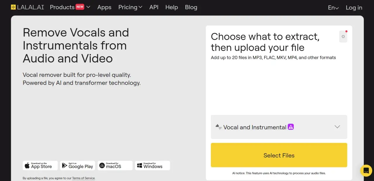 LALAL.AI : séparez voix et instruments grâce à l'IA. Téléchargez vos fichiers audio ou vidéo pour une qualité pro.
