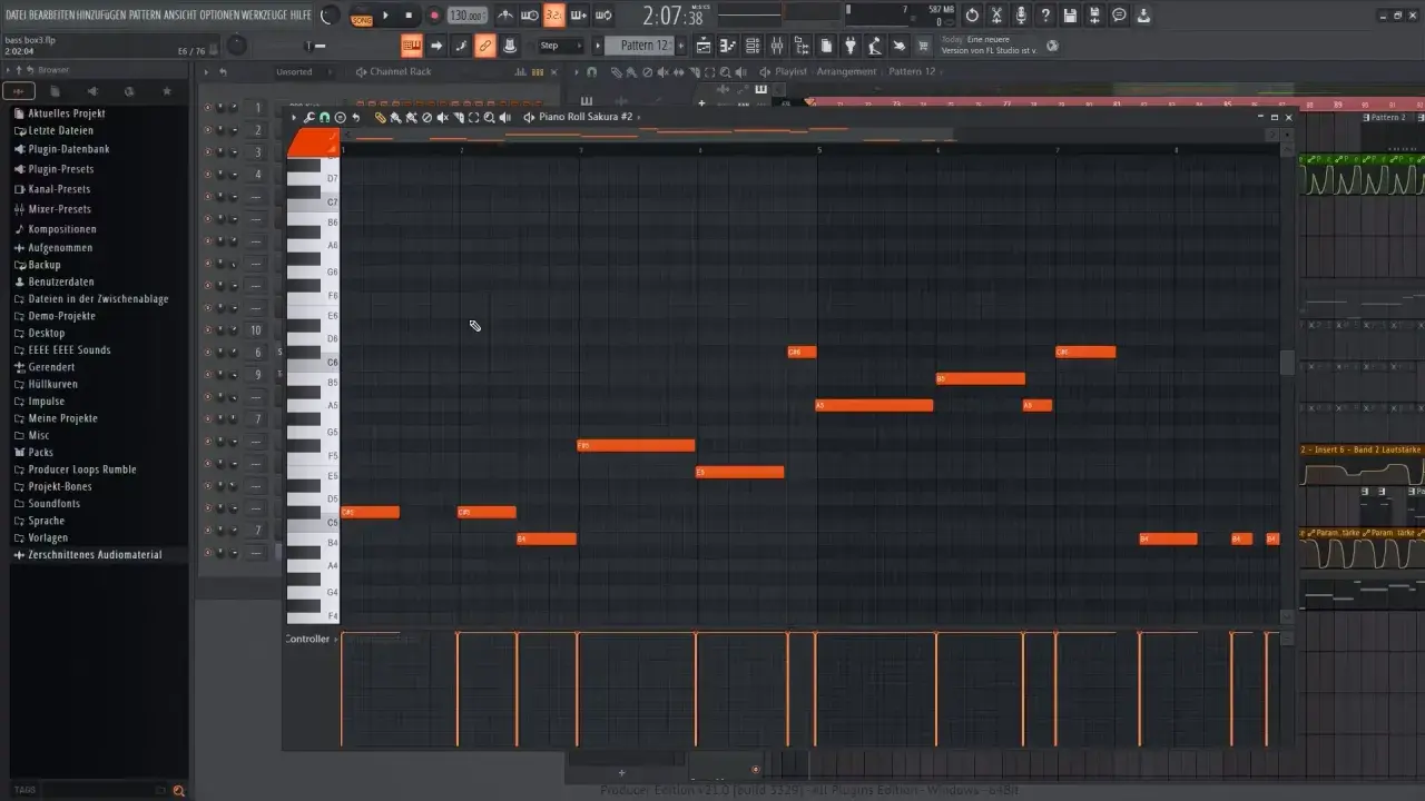 Piano Roll dans FL Studio, montrant des notes orange créant une mélodie. L'arpeggiator fl studio est en cours de création.