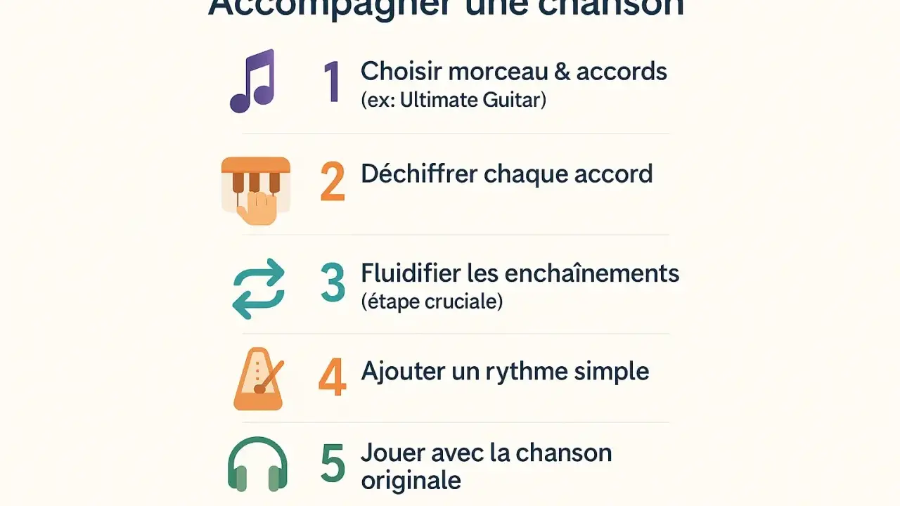 Guide pour accompagner une chanson : choisir le morceau, déchiffrer chaque accord de piano, fluidifier les enchaînements, ajouter un rythme et jouer avec la chanson originale.