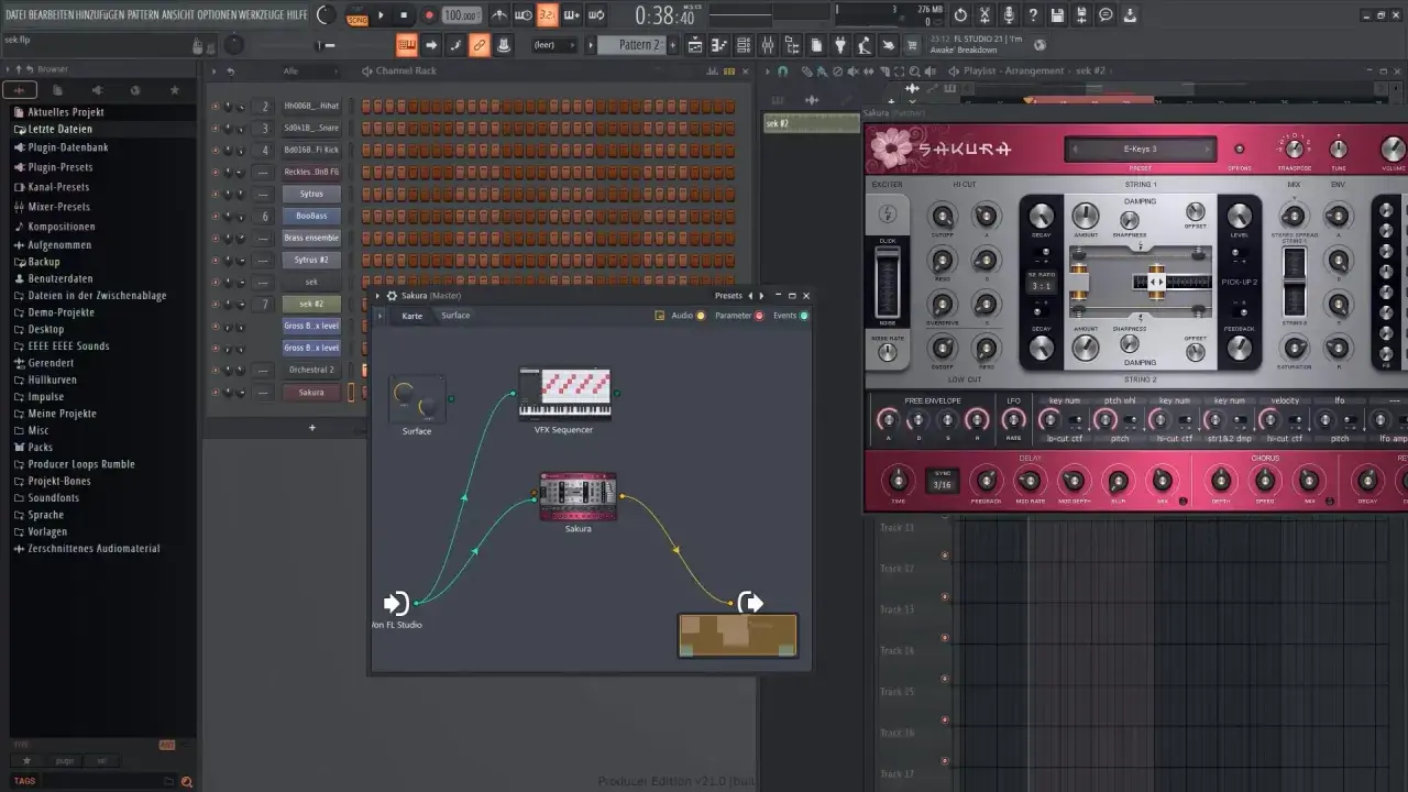 FL Studio 21 sur Mac, avec le synthétiseur Sakura et un séquenceur VFX.