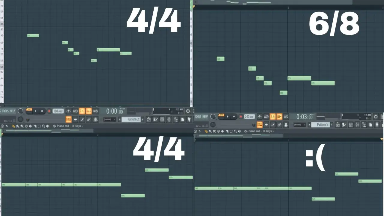 Quatre vues d'un logiciel de musique montrant des notes sur un piano roll. Deux vues affichent "4/4", une "6/8" et une triste émoticône. La signature rythmique varie.