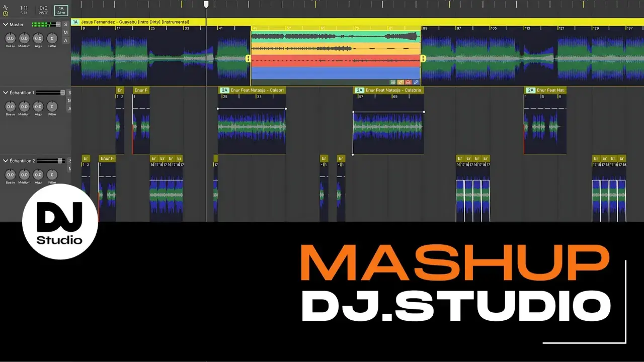 Interface de production musicale avec des formes d'onde audio. Idéal pour la formation beatmaker et le mixage.