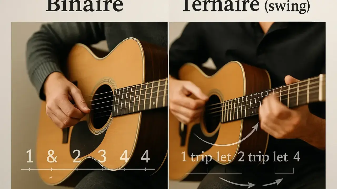 Deux guitares acoustiques, l'une illustrant un rythme binaire (mesure 3/4), l'autre un rythme ternaire (swing).