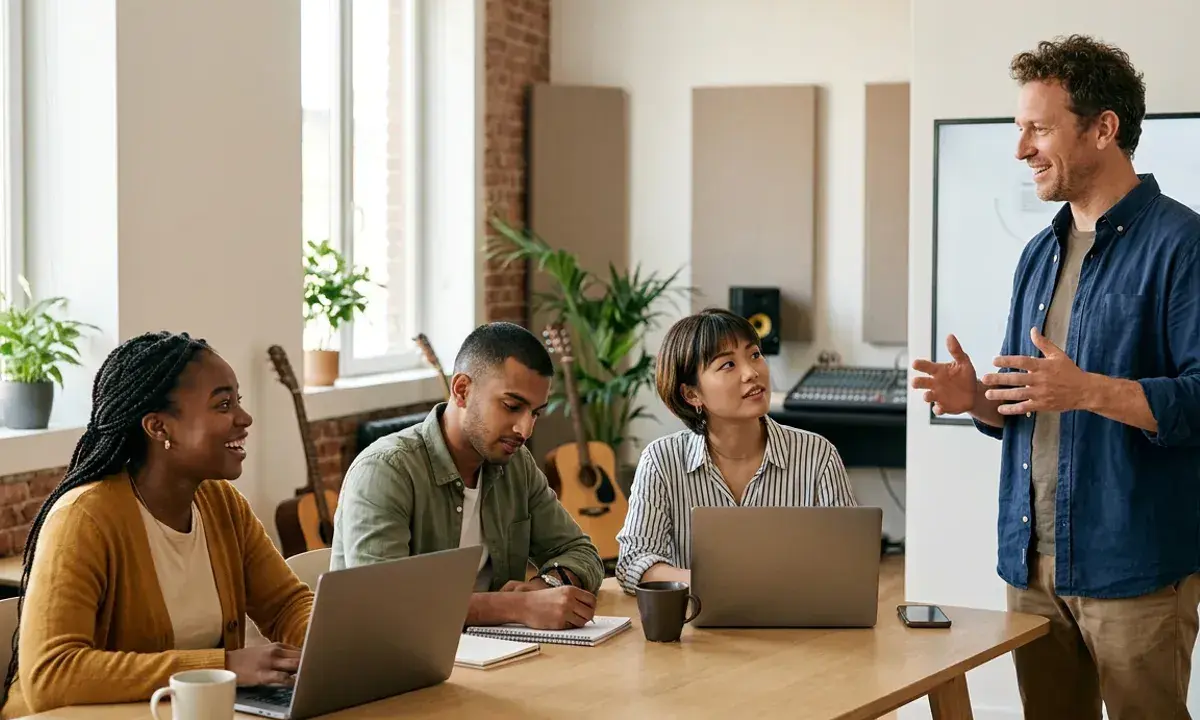 Un formateur anime une session de formation MAO CPF. Trois apprenants sont attentifs autour d'une table, certains sur ordinateur, d'autres prenant des notes.