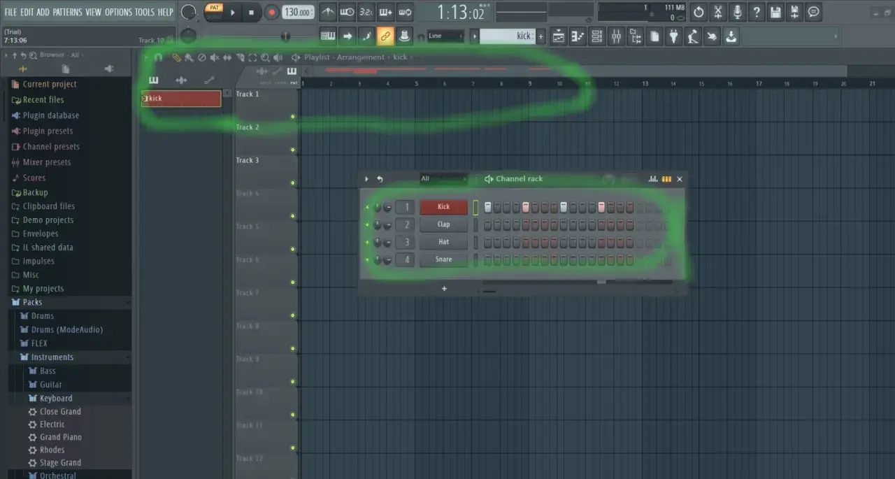 Le channel rack de FL Studio affiche les pistes de batterie : Kick, Clap, Hat, Snare.