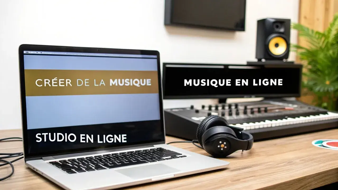 Un ordinateur portable affiche "CRÉER DE LA MUSIQUE" et "STUDIO EN LIGNE". Un clavier, des écouteurs et un moniteur de studio sont prêts pour faire de la musique en ligne.