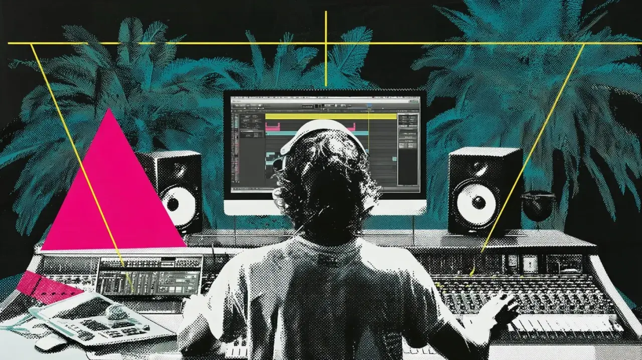 Un producteur de musique, casque sur les oreilles, face à son écran, navigue entre Ableton et Cubase. Palmiers stylisés et formes géométriques.