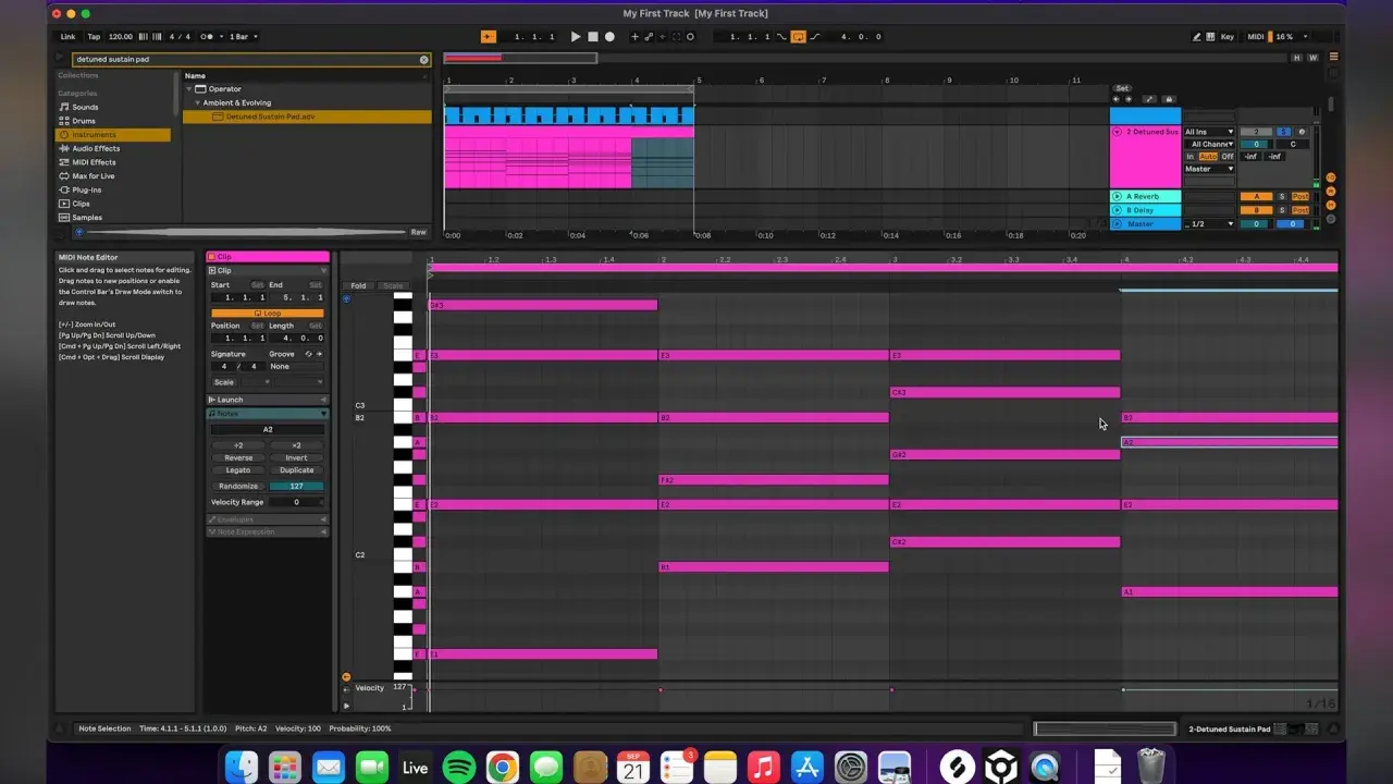 Tuto Ableton Live 11 : création d'une mélodie avec des notes roses dans l'éditeur MIDI.