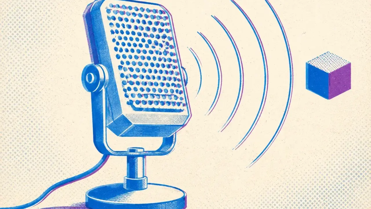 Microphone vintage bleu émettant des ondes sonores vers un cube. Idéal pour un voice tag gratuit.