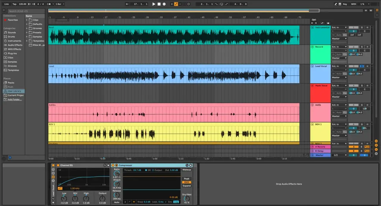 Pistes audio dans une station de travail audio numérique, avec des formes d'onde visibles. Une piste "Lead Vocal" est sélectionnée, suggérant un travail sur la voix et l'ajout d'un effet de reverb voix.