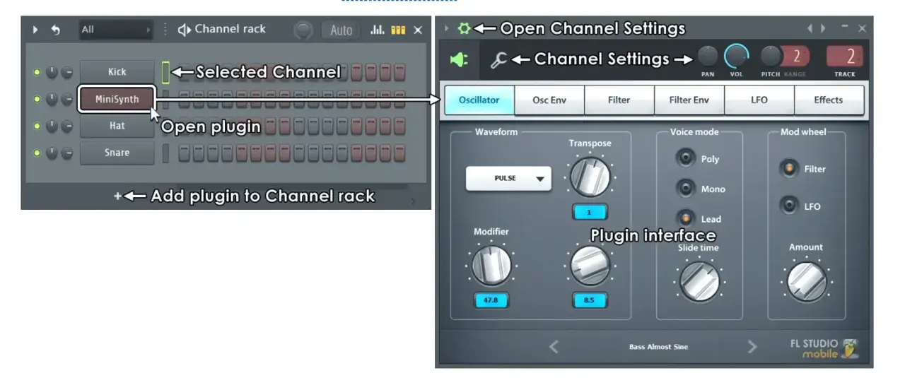 Interface FL Studio Mobile : sélectionner MiniSynth, ouvrir le plugin, puis ajuster les paramètres de l'oscillateur.