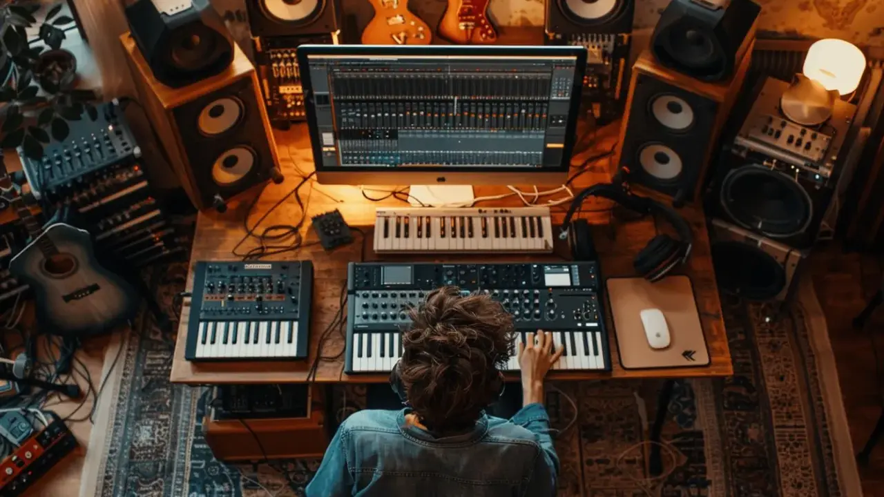 Un artiste crée de la **production musique** dans son studio, entouré de claviers, synthétiseurs, guitares et enceintes.