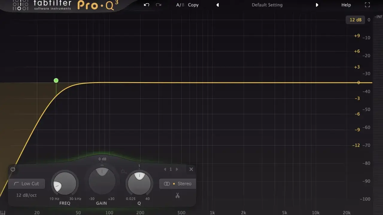 Égaliseur FabFilter Pro-Q 3 avec un filtre coupe bas actif, réduisant les fréquences graves.