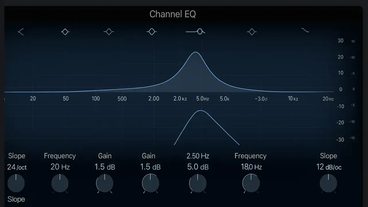 Écran de réglage égaliseur 5 bandes, avec courbes de fréquences et potentiomètres pour ajuster le son.