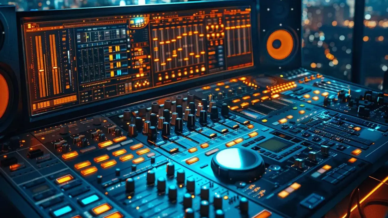 Console de mixage audio illuminée, parfaite pour une formation mixage audio. Les lumières bleues et oranges créent une ambiance de studio nocturne.