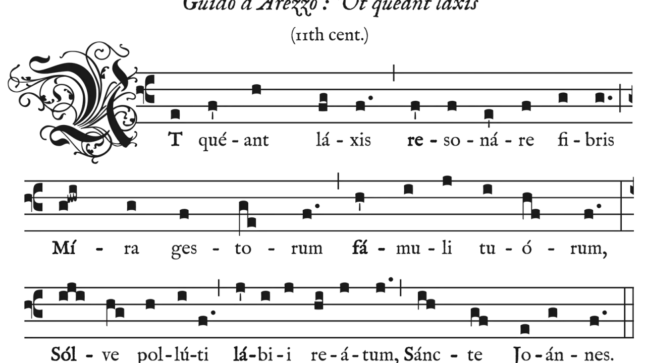 Manuscrit médiéval avec notation musicale. La clé de ré indique le début d'une mélodie ancienne.