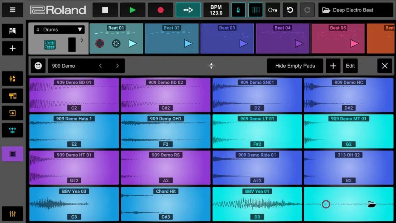 Interface d'une appli pour créer sa propre musique, avec des pistes audio et des pads de batterie.