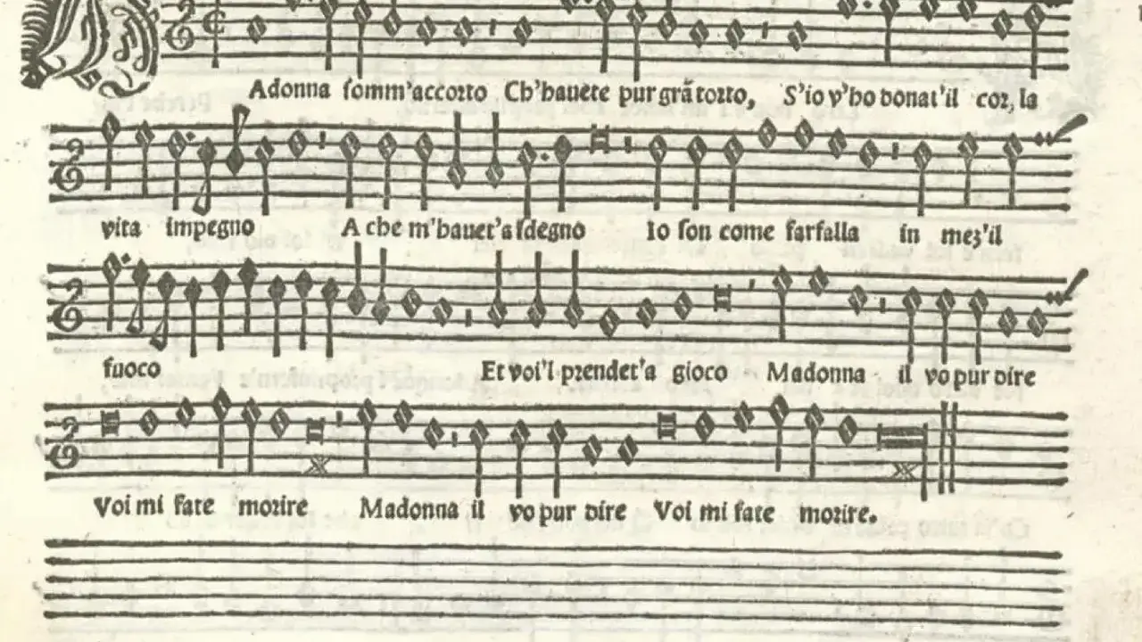 Partitions anciennes avec des notes de musique et des paroles en italien. On peut y écouter les notes de musique.