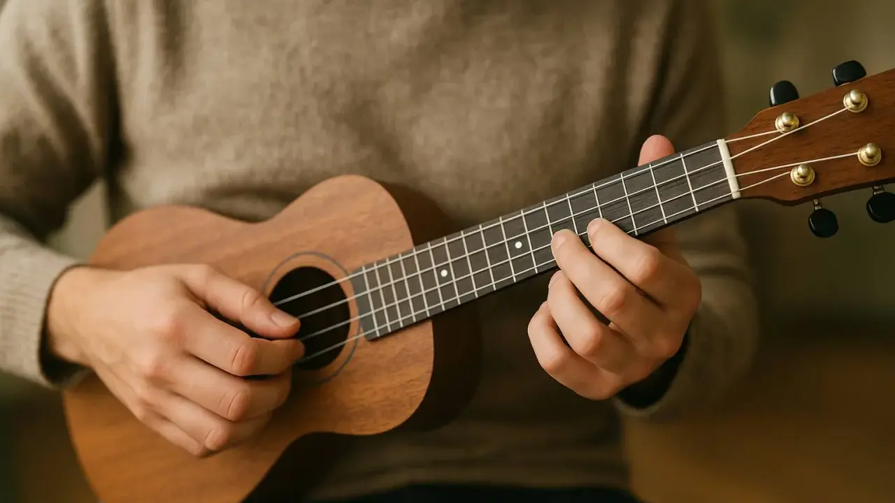 Main d'un musicien jouant un ukulélé, ses doigts formant un nom d'accord guitare sur le manche.