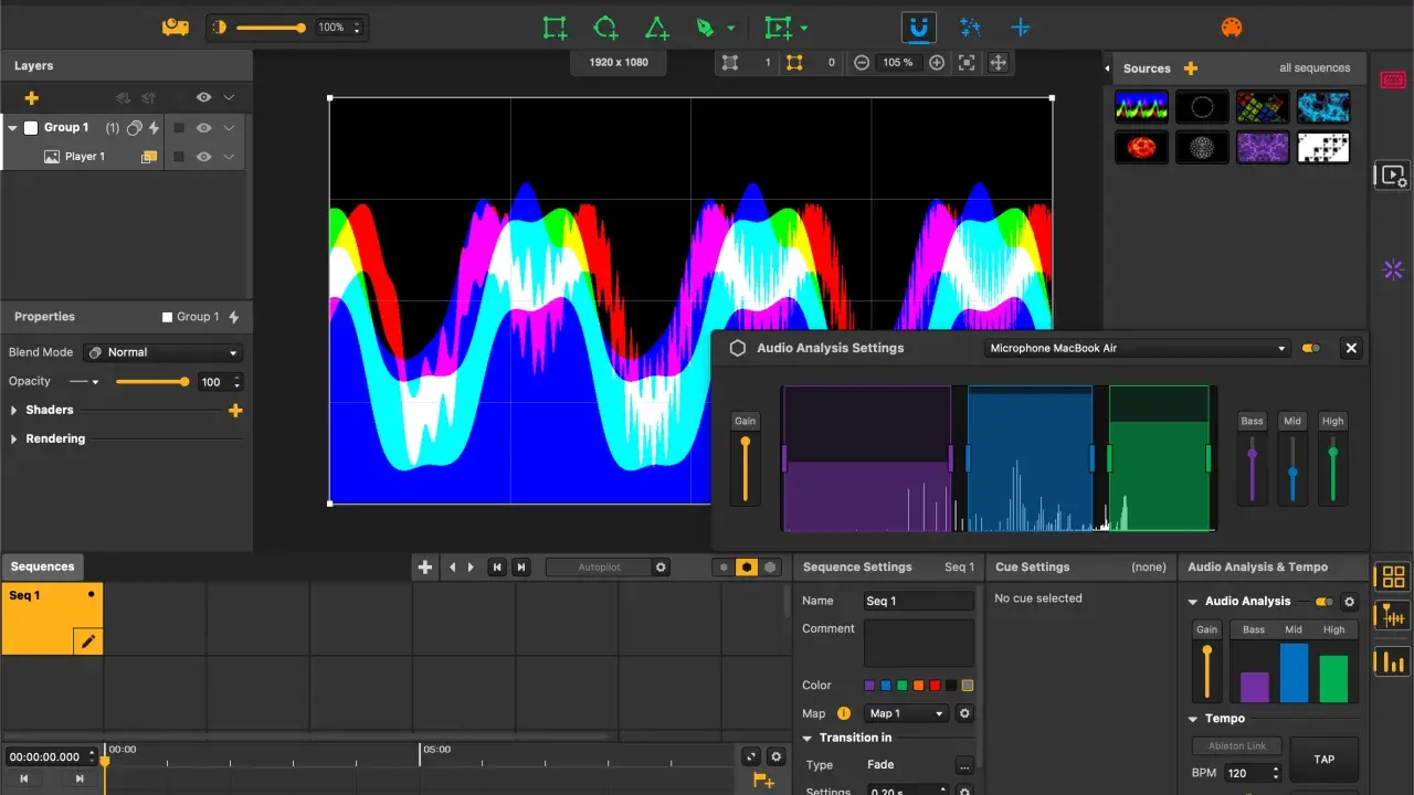 Interface d'un logiciel live montrant des formes d'onde audio colorées et des réglages d'analyse audio.