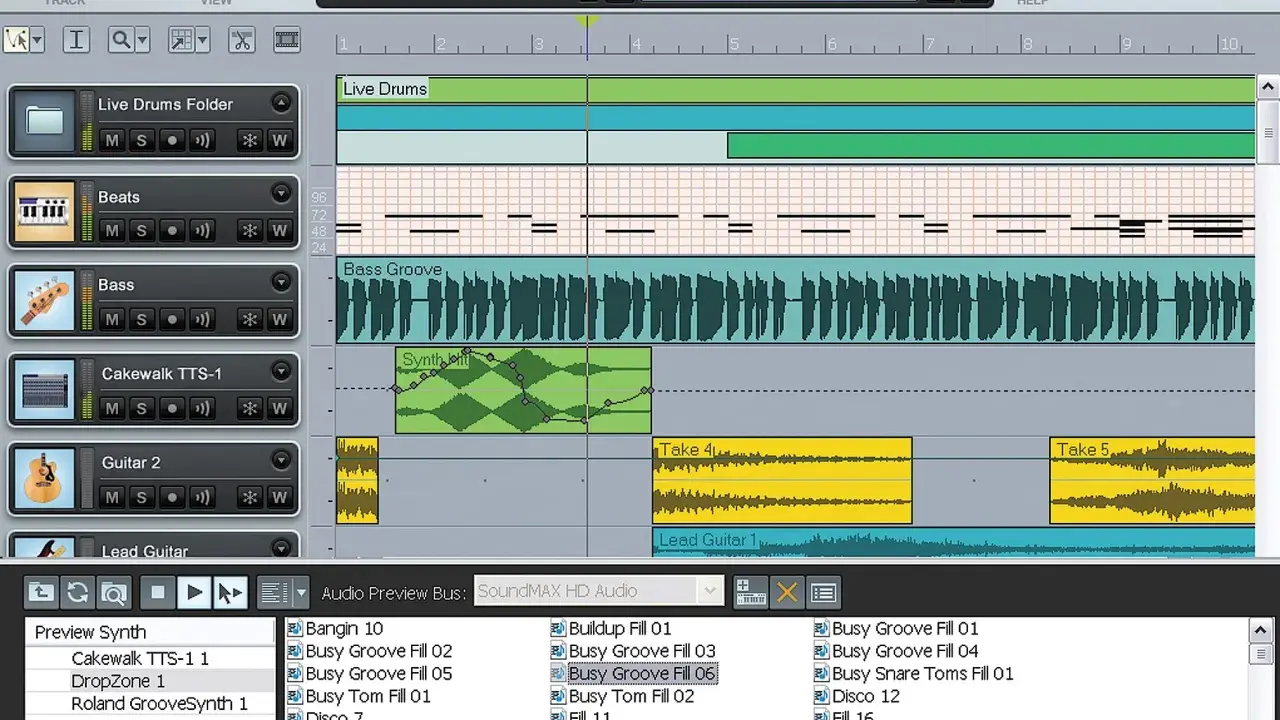 Interface du logiciel Cakewalk, affichant des pistes audio et MIDI pour la création musicale.