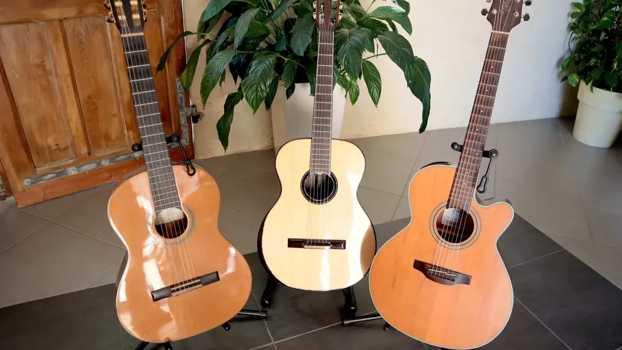 Trois guitares folk nylon, une classique, une électro-acoustique et une autre, se tiennent fièrement sur leurs supports, prêtes à faire vibrer leurs cordes.