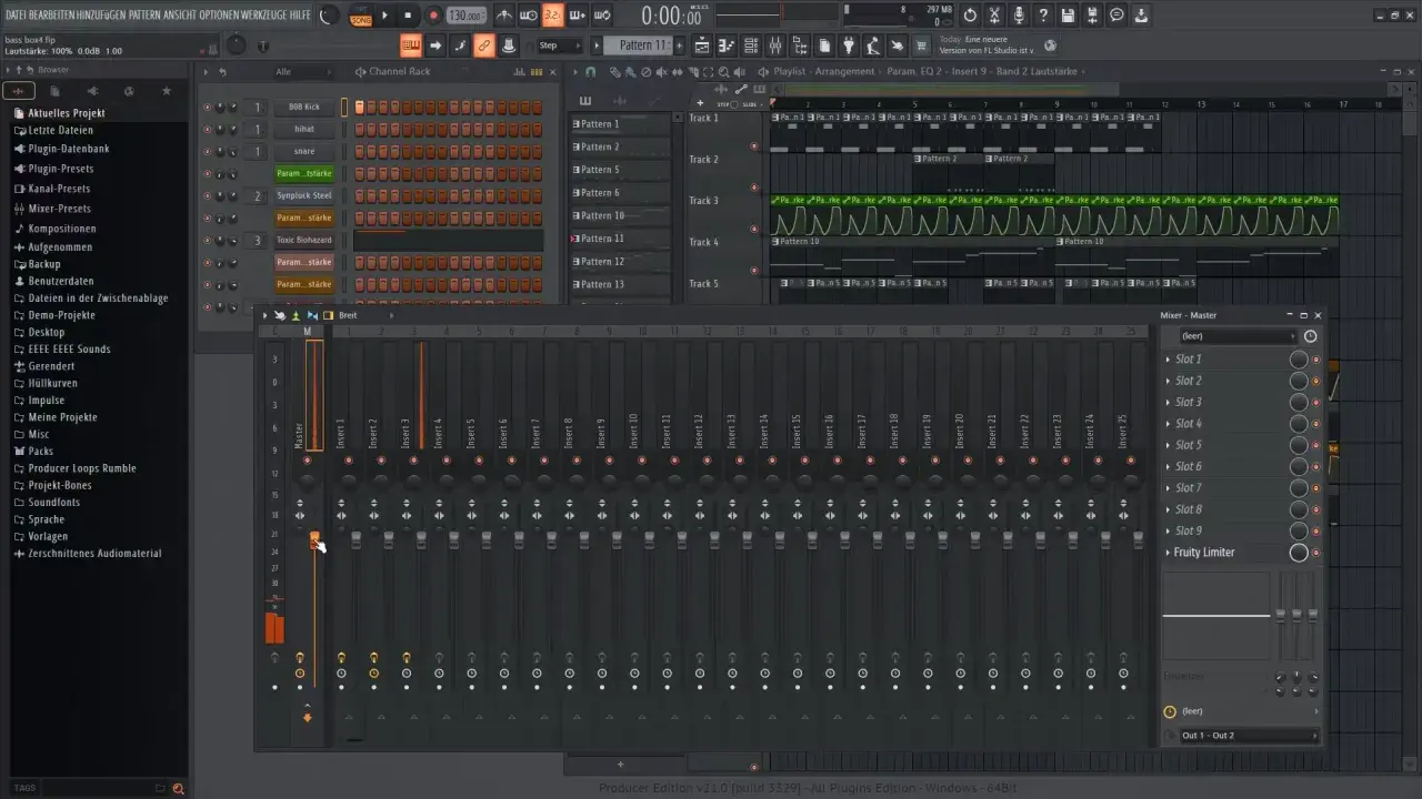 Le fl studio mixer montre des curseurs de volume pour chaque piste, avec le Master en surbrillance.