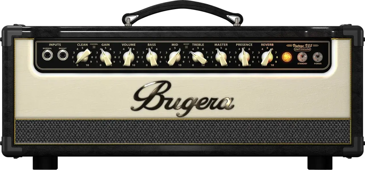 Ampli guitare Bugera V5 Infinium, crème et noir, avec ses nombreux réglages et le logo Bugera en son centre.