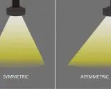Deux faisceaux lumineux, l'un symétrique, l'autre asymétrique, projetés par des projecteurs sur fond gris.